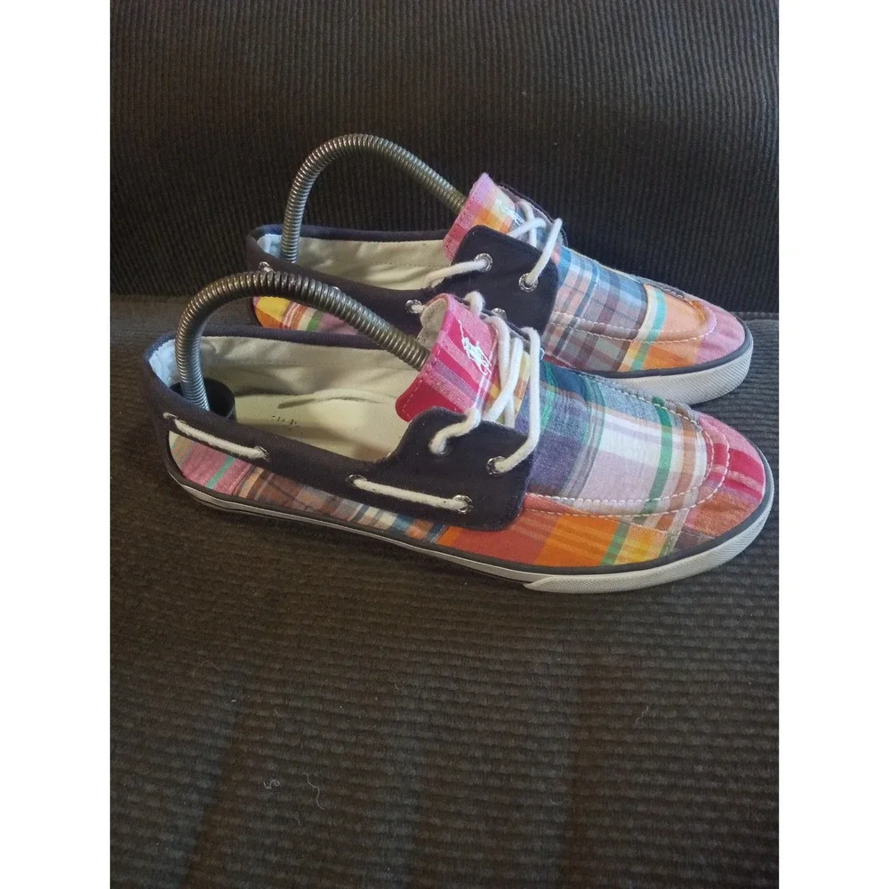 Polo by Ralph Lauren Shoes Mens 5.5 Womens 7 Madras Canvas Boat Deck Loafers‎